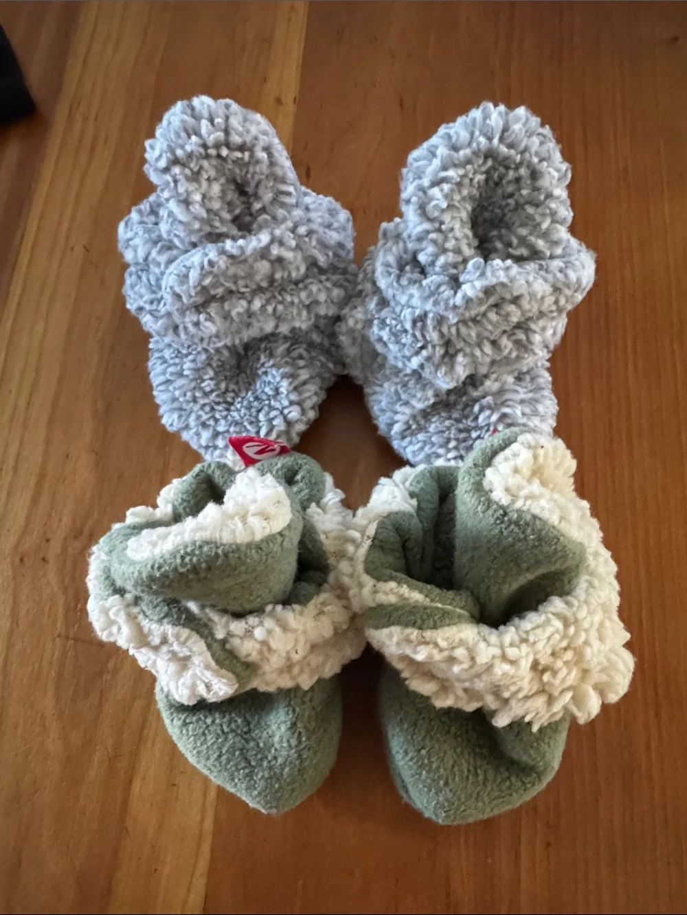 Zutano Baby Booties in Gray and Sage Green with Cream Trim